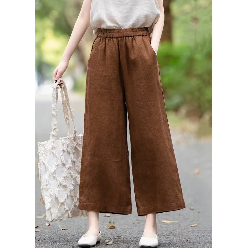 Loose Coffee Pockets Linen Wide Leg Pants Summer