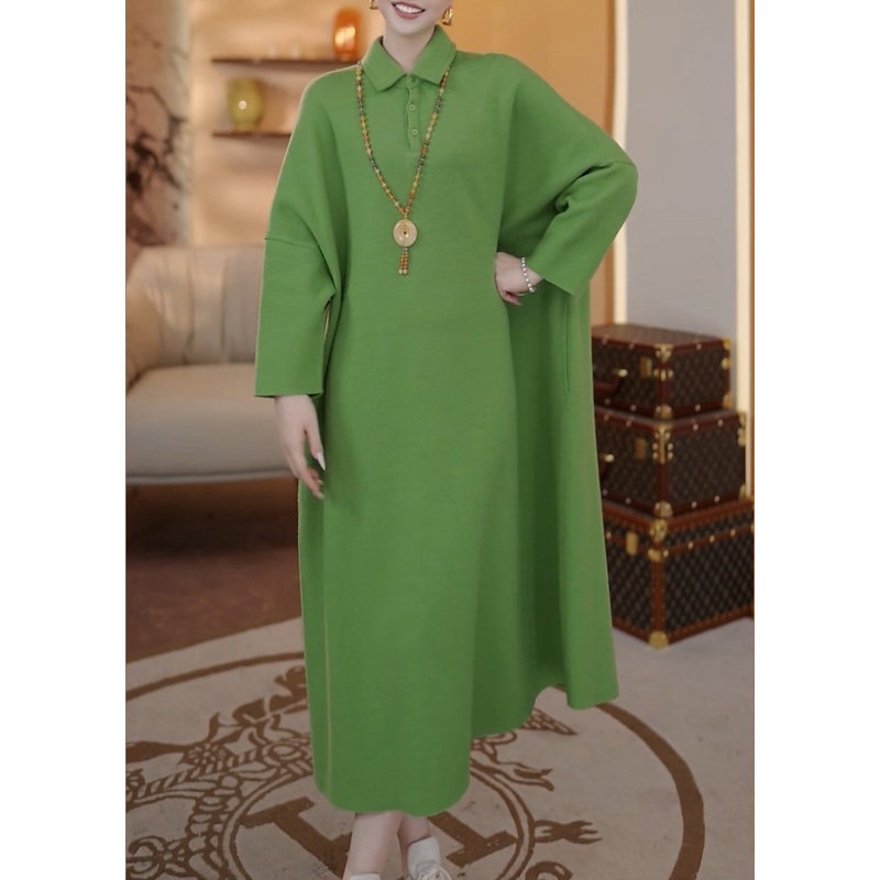 Loose Green Peter Pan Collar Button Cotton Long Dresses Batwing Sleeve