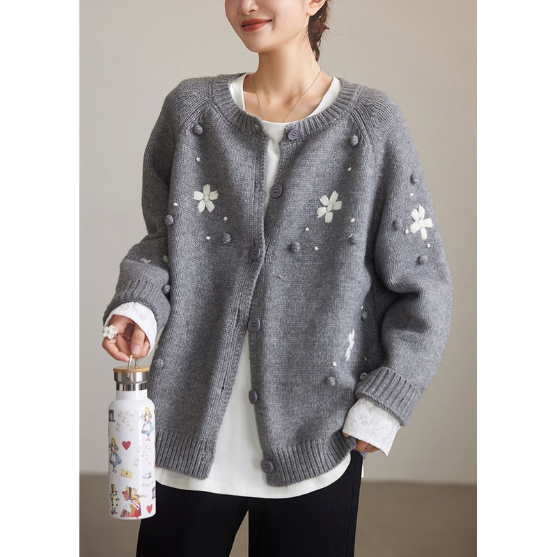 Loose Grey O Neck Button Wool Knit Cardigan Spring