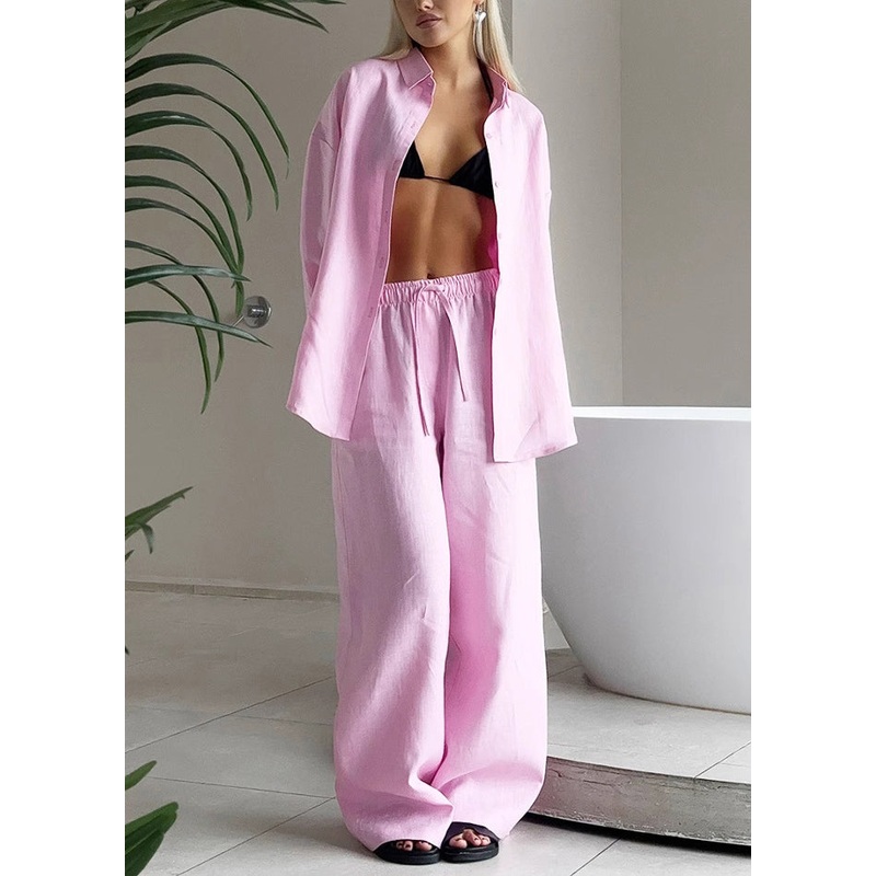 Loose Pink Button Shirts And Pants Cotton Two Pieces Set Fall