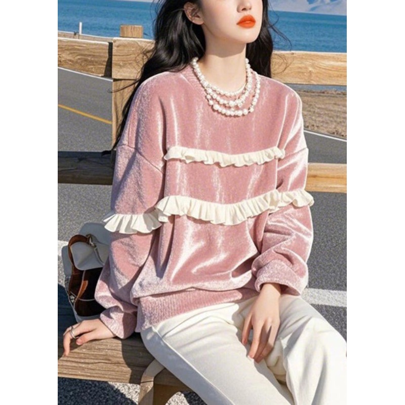 Loose Pink O-Neck Ruffled Silk Velour T Shirts Spring