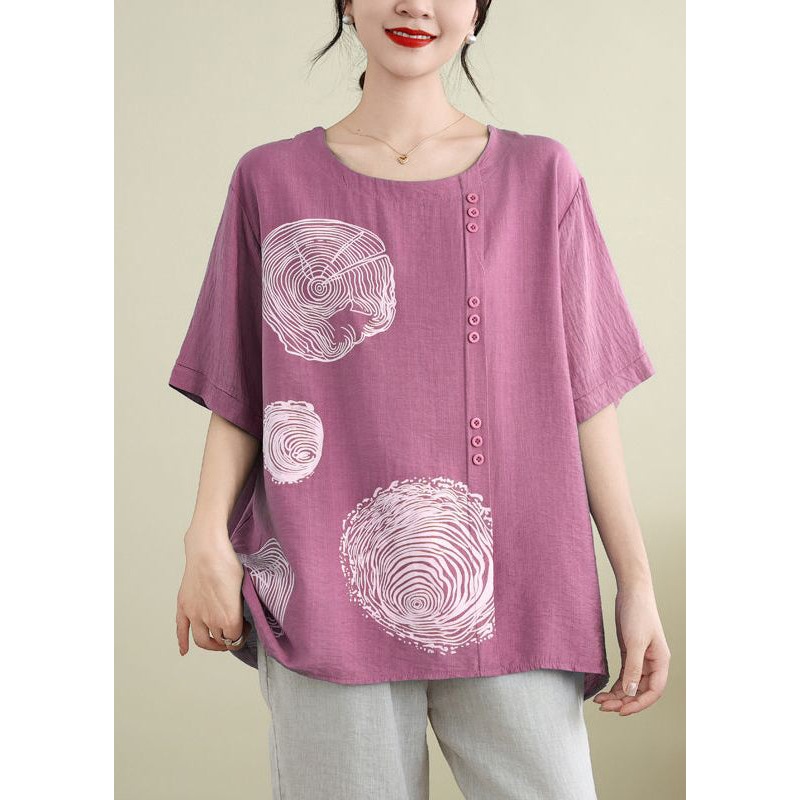 Loose Rose Patchwork Button Ice Silk Tops Short Sleeve