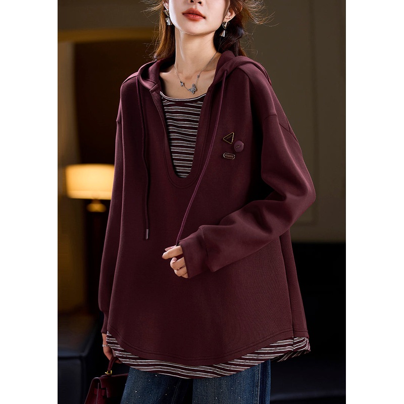 Loose Wine Red Hooded Patchwork Cotton Sweatshirts Spring