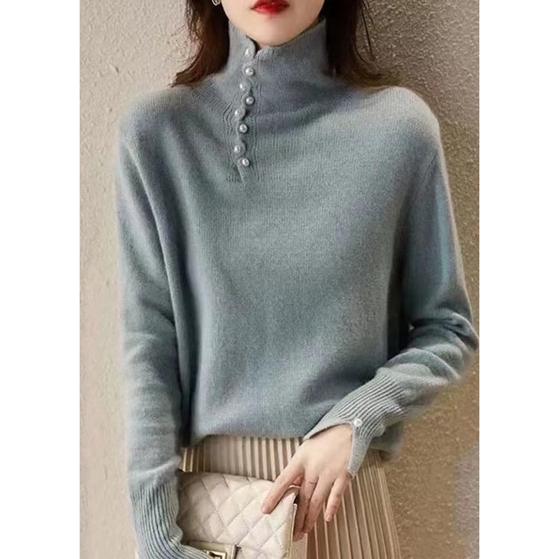 Modern Blue High Neck Nail Bead Knit Top Spring