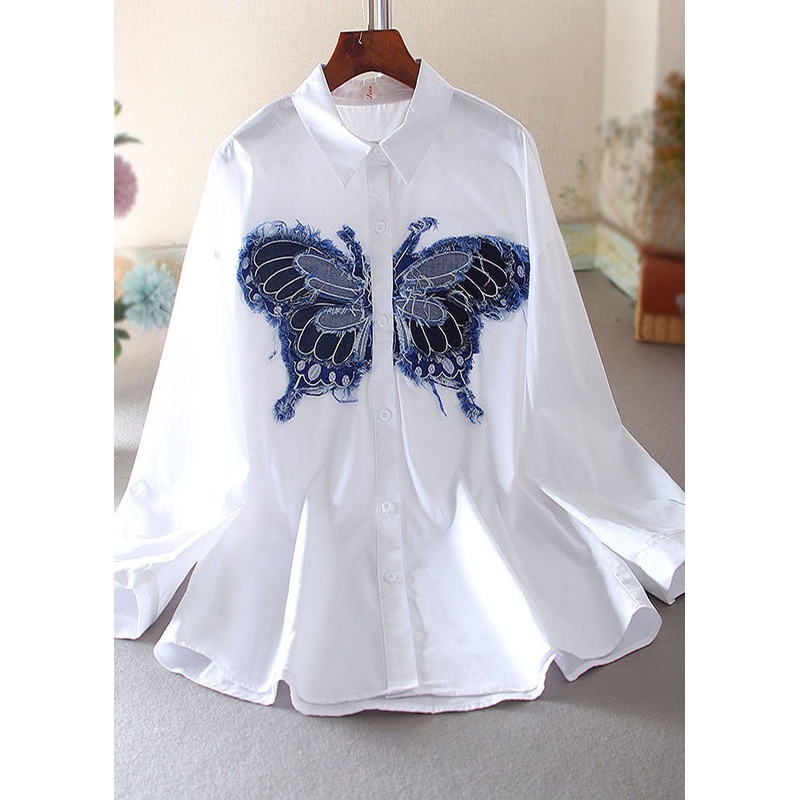 Modern White Embroidered Butterfly Cotton Blouses Spring