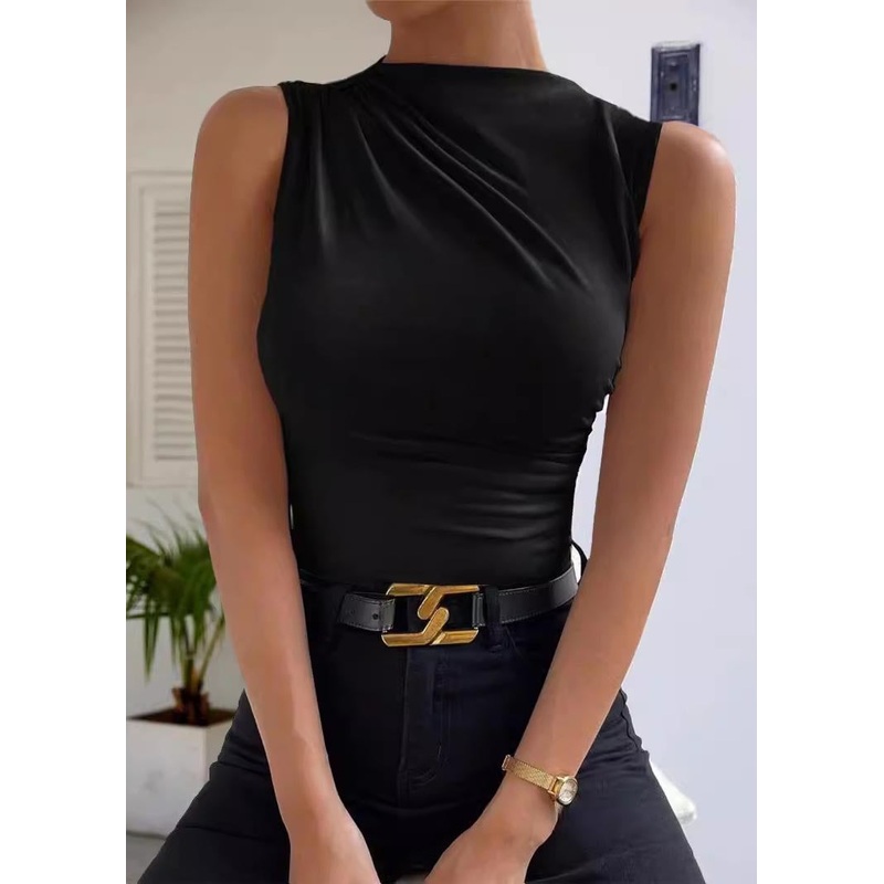 New Black Silm Fit Wrinkled Cotton Vests Sleeveless