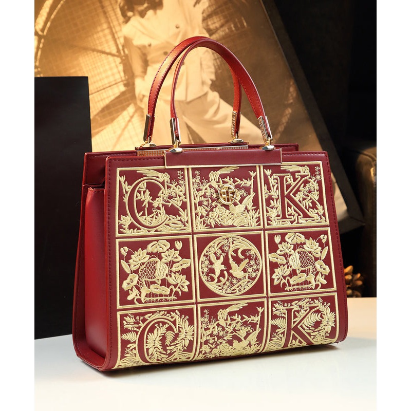 New Retro Red Embroideried Calf Leather Tote Handbag