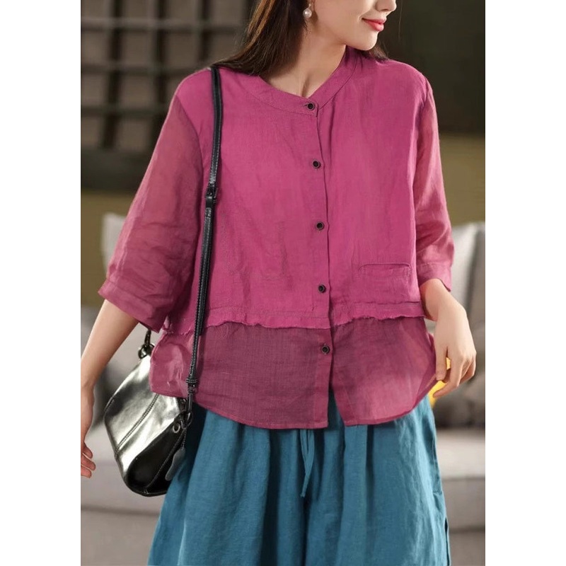 New Rose O Neck Button Patchwork Linen Blouses Summer