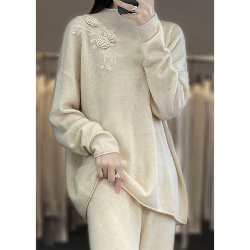 New Simple Beige Embroidered Wool Knit Pullover Spring