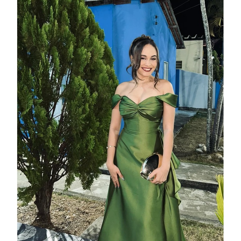 Off Shoulder Green A Line Satin Long Prom Dress Wedding Guest Dress J8026