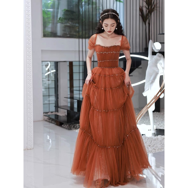 Off The Shoulder Rust Red A Line Tulle Prom Dress Birthday Party Dress J3220