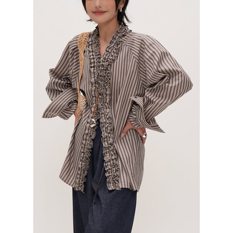 Original Design Striped V Neck Ruffled Cotton Shirt Fall