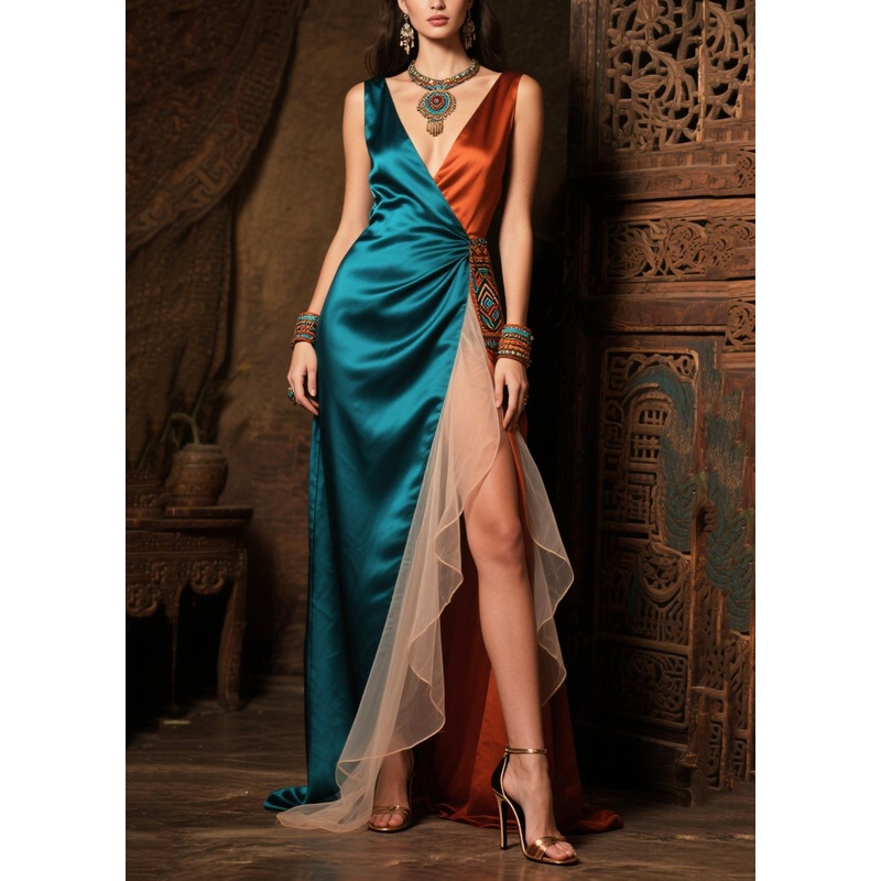 Peacock Blue Patchwork Tulle Party Dress Asymmetrical Side Open Summer