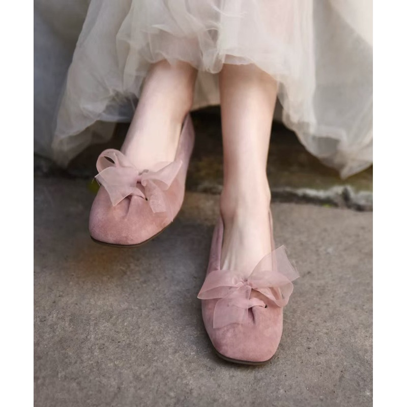 Pink Suede Comfy Splicing Bow Flat Feet Shoes