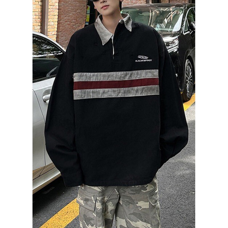 Plus Size Black Peter Pan Collar Patchwork Cotton Mens Shirts Spring