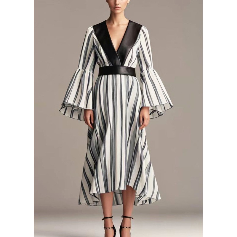 Plus Size Black Striped Patchwork Cotton Cinched Dresses Flare Sleeve