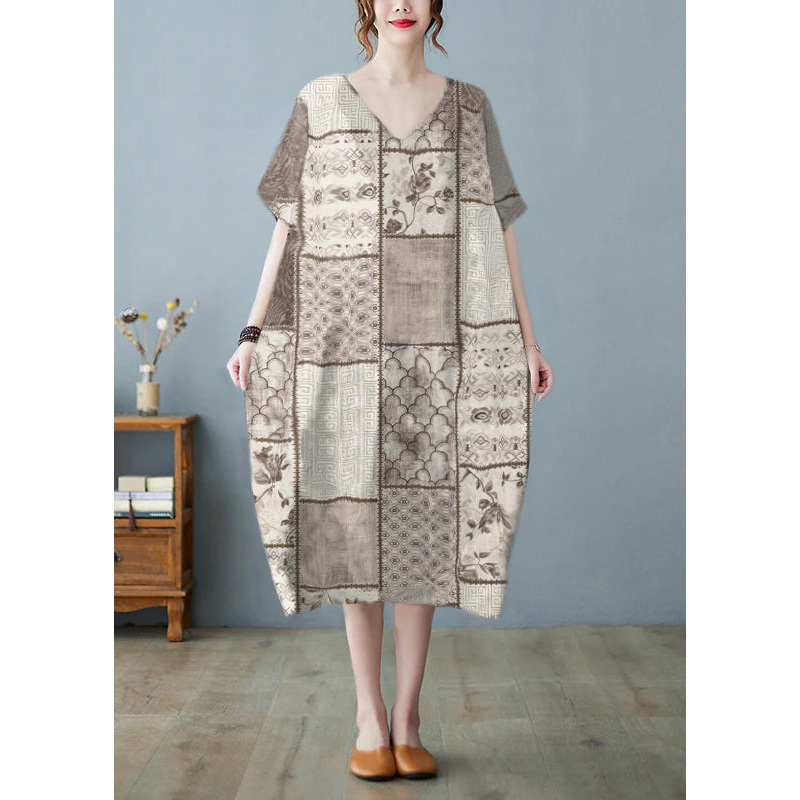 Plus Size Khaki geometry V Neck Print Long Dress Short Sleeve