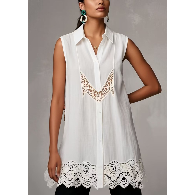 Plus Size White Hollow Out Patchwork Lace Shirts Sleeveless