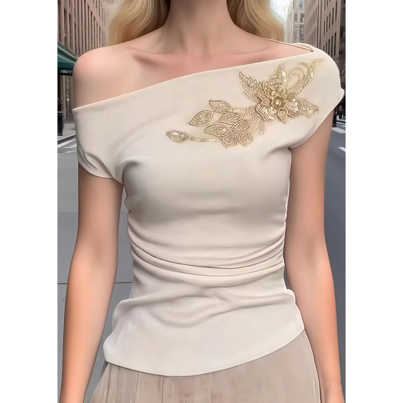 Sexy Beige Embroideried Cotton One Shoulder Tops Summer