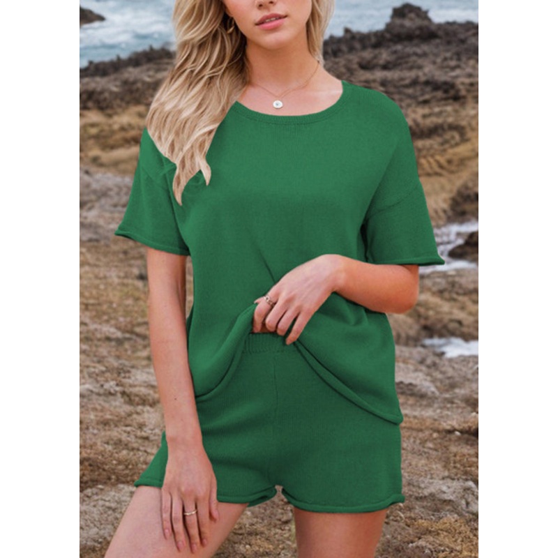 Simple Green O Neck Knit Women Sets 2 Pieces Summer