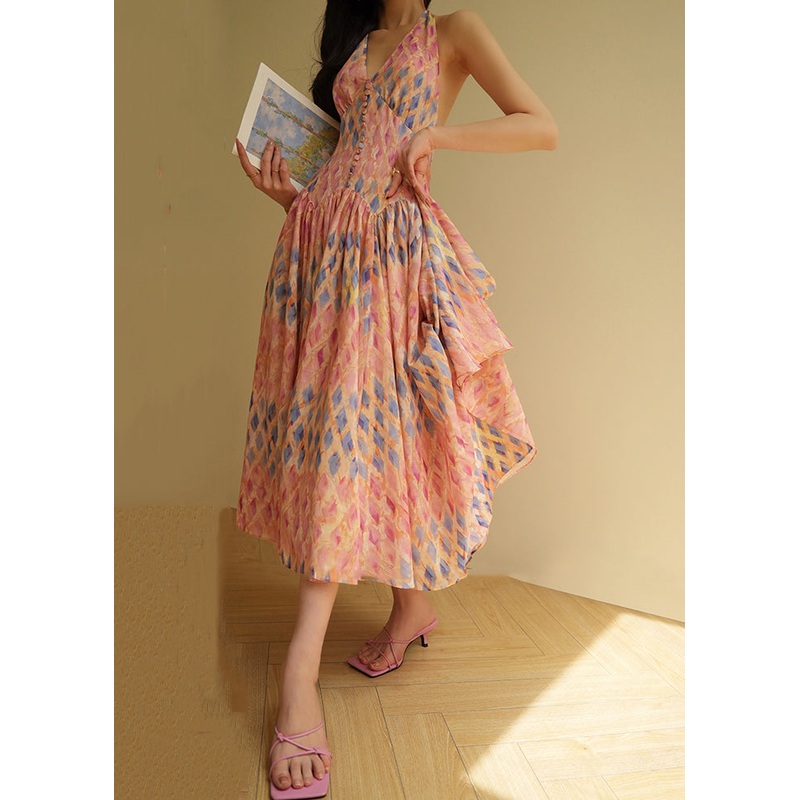 Slim Fit Backless Plaid Lace Up Cotton Long Dresses Sleeveless