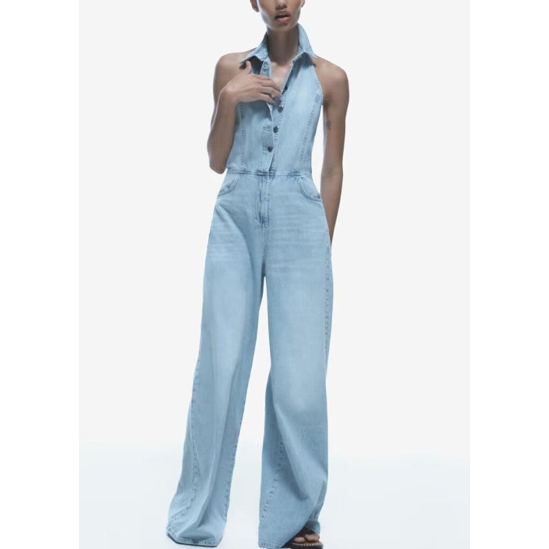Slim Fit Blue Backless Button High Waist Denim Jumpsuit Sleeveless