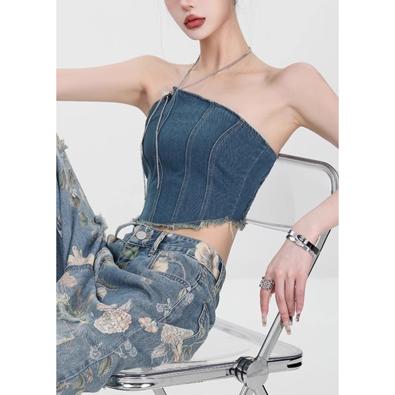 Slim Fit Denim Blue Backless Chain Linked Tank Sleeveless