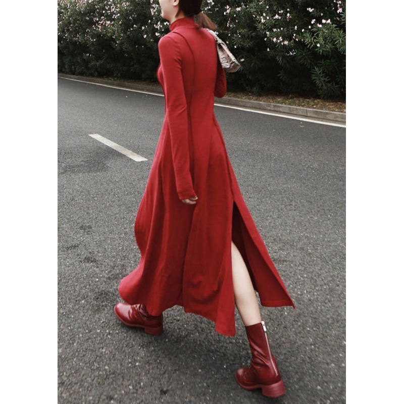 Slim Fit Red Side Open Solid Cotton Long Dress Spring