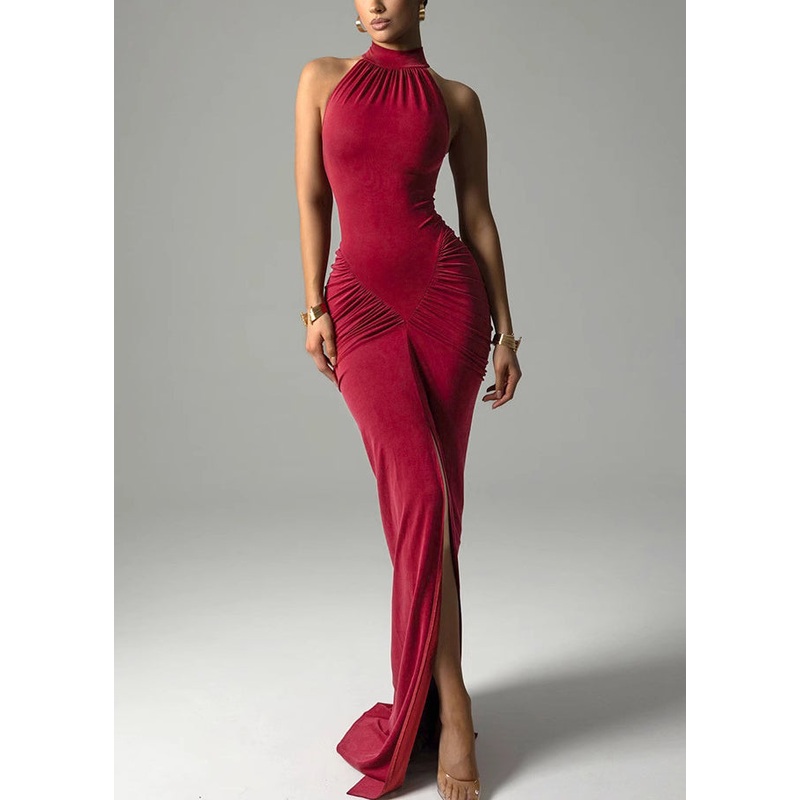 Slim Fit Red Wrinkled Side Open Cotton Long Dress Sleeveless