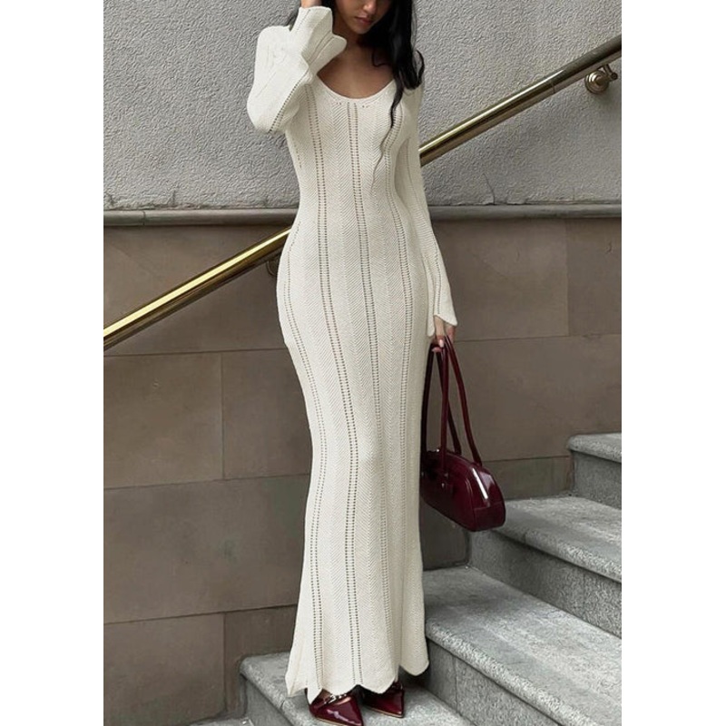 Slim Fit White V Neck Hollow Out Knit Long Dress Spring