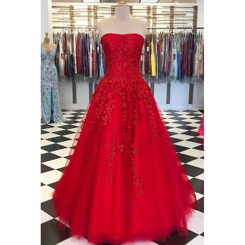 Strapless A Line Applique Long Prom Dress Tulle Formal Party Dress J5119