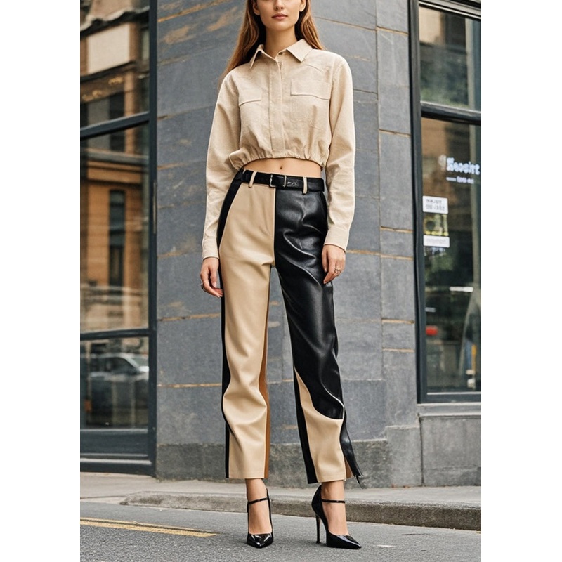 Stylish Beige Asymmetrical Patchwork Faux Leather Pants Spring