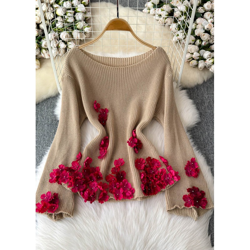 Stylish Khaki Slash Neck Floral Cotton Knit Sweaters Winter
