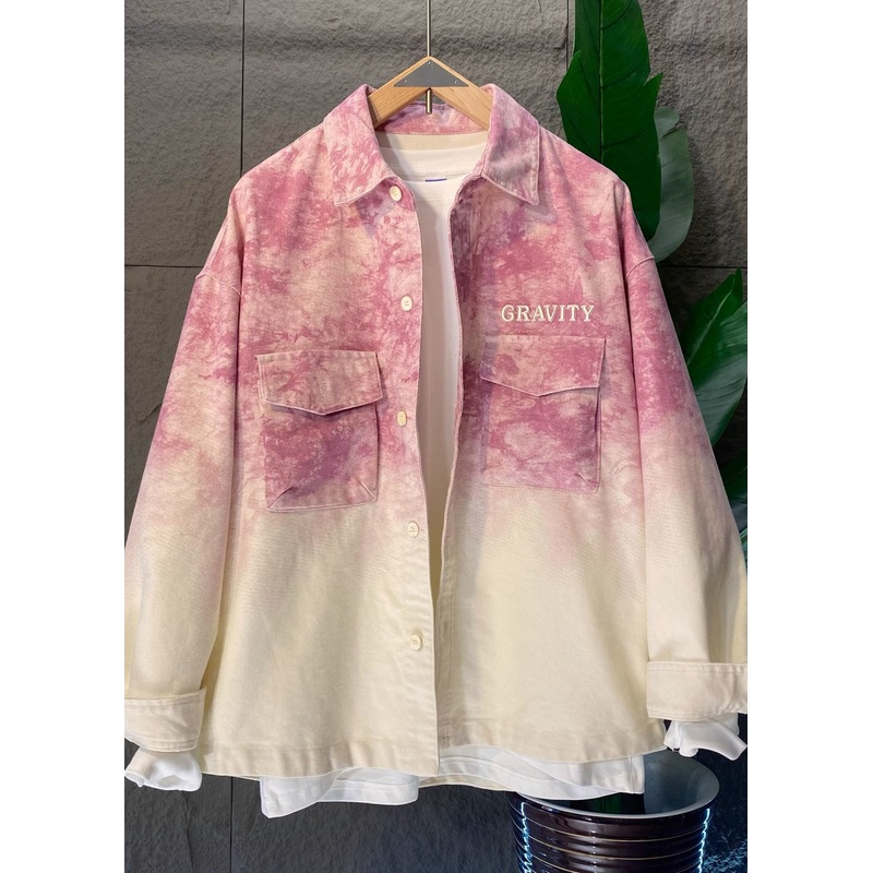 Stylish Pink Gradient Tie Dye Denim Men’s Shirts Spring