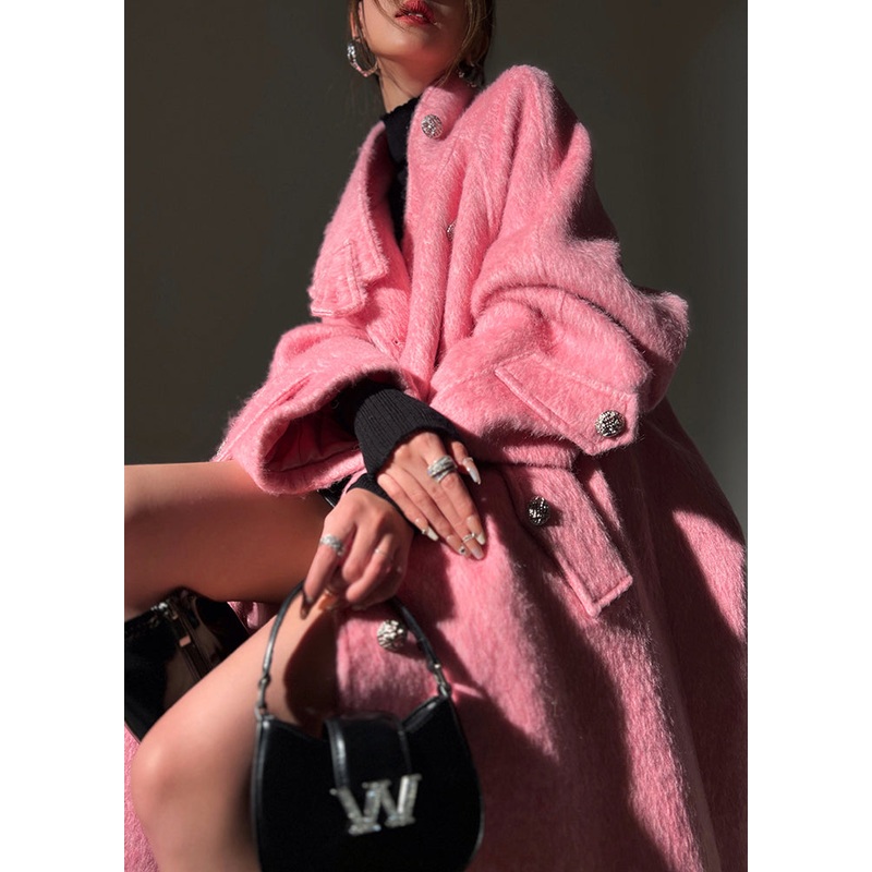 Stylish Pink Stand Collar Pockets Button Woolen Coat Winter