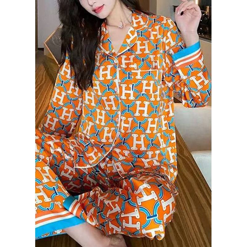 Unique Orange Button Print Ice Silk Pajamas Two Piece Suit Set Spring