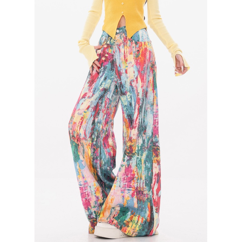Unique Rainbow Pockets High Waist Wide Leg Pants Fall