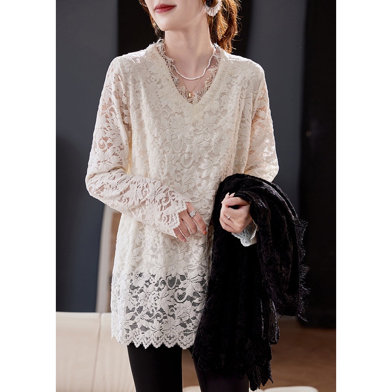 Unique White V Neck Lace Warm Fleece Blouse Tops Spring