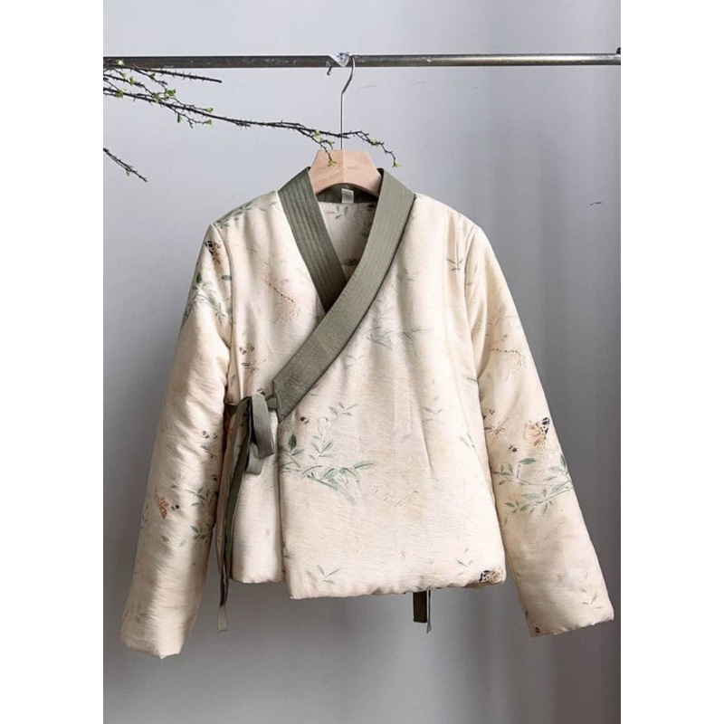 Vintage Beige V Neck Lace Up Fine Cotton Filled Coats Spring