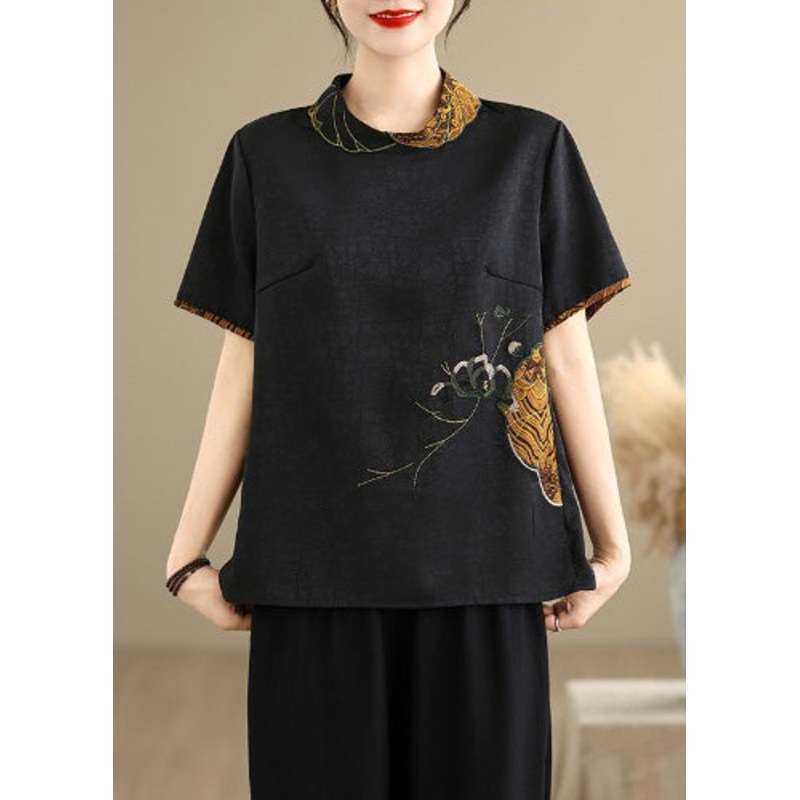 Vintage Black Stand Collar Embroidered Silk Shirt Top Summer