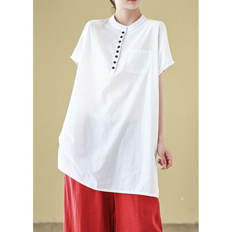 White Button Solid Cotton Summer T Shirt O Neck