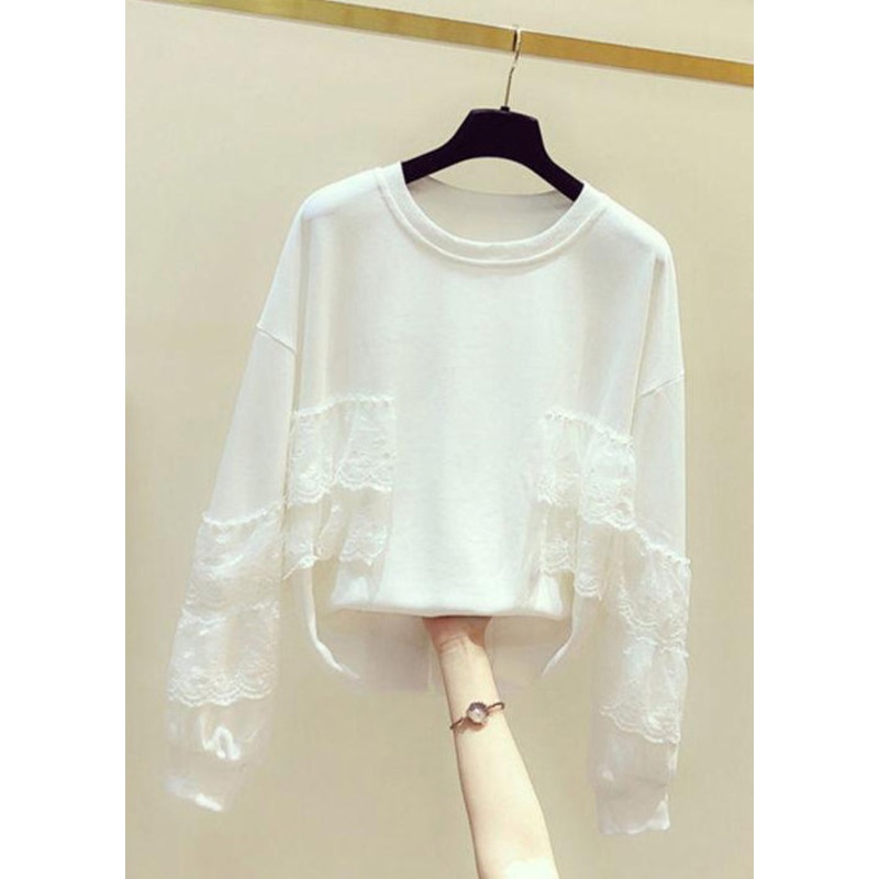 White Solid Lace Patchwork Sweatshirts O Neck Spring
