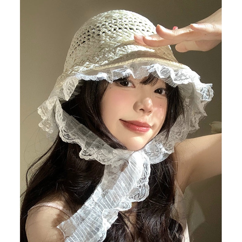 Women Beige Lace Hollow Out Straw Woven Floppy Sun Hat
