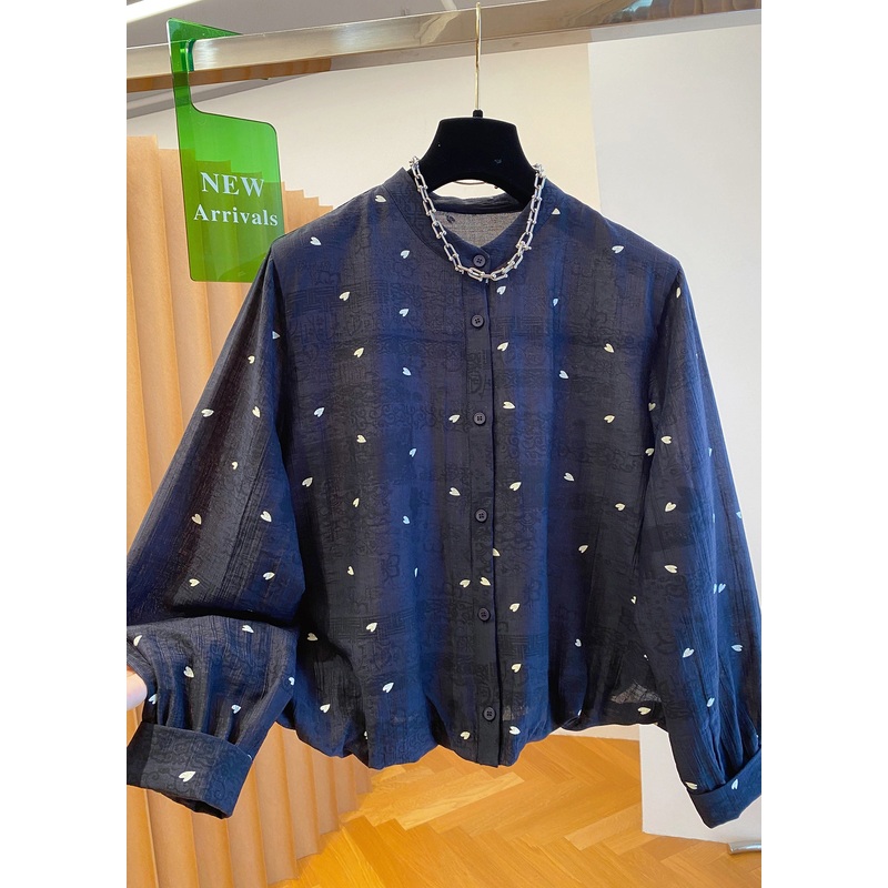 Women Black O Neck Jacquard Button Cotton Blouses Fall