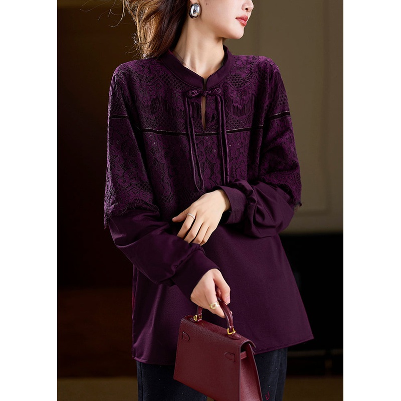 Women Purple Chinese Button Patchwork Lace T Shirts Spring