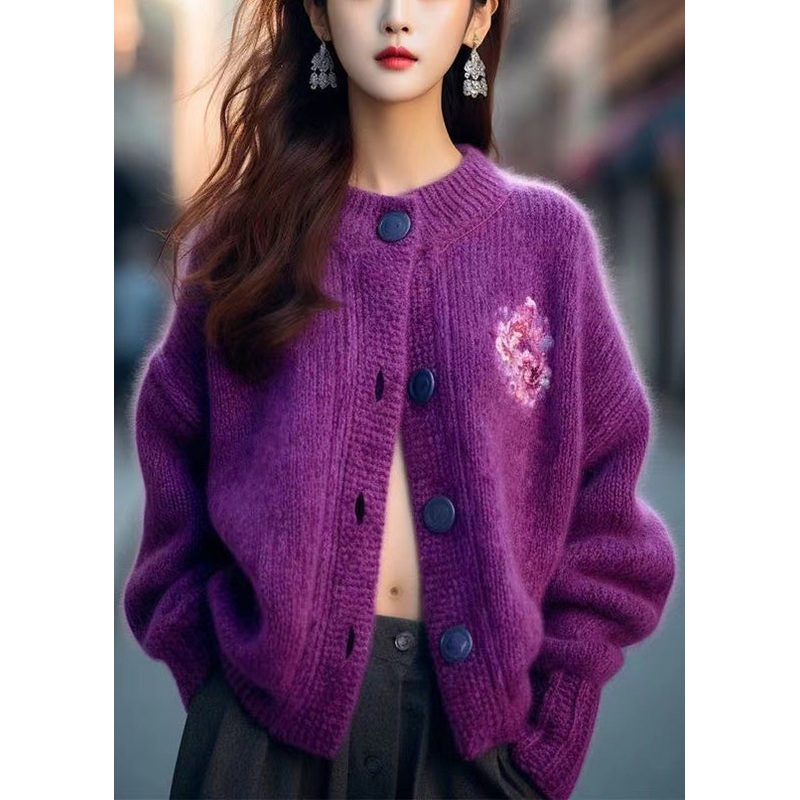 Women Purple O Neck Button Cozy Knit Cardigan Spring