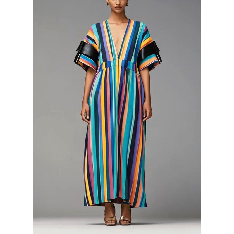 Women Rainbow Deep-V Neck Striped Cotton Dresses Summer