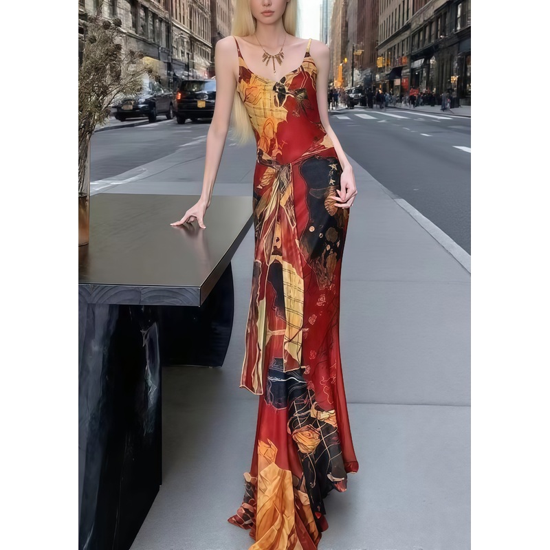 Women Red Painting Tie Waist Tulle Spaghetti Strap Dress Summer