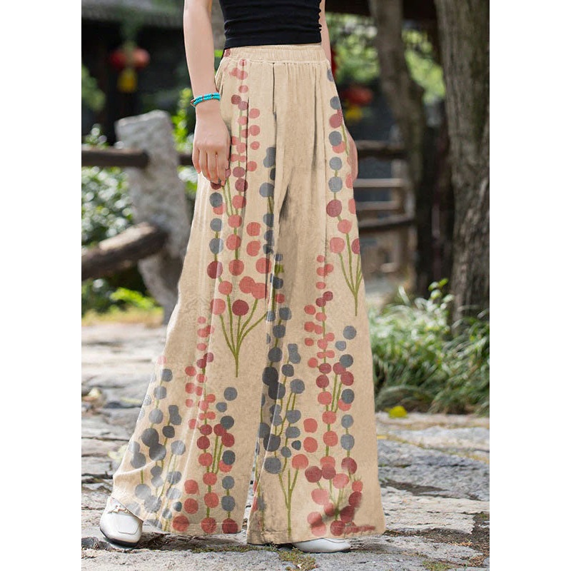 2025 Summer New Elastic Waist Apricot flowers Loose Wide Leg Pants