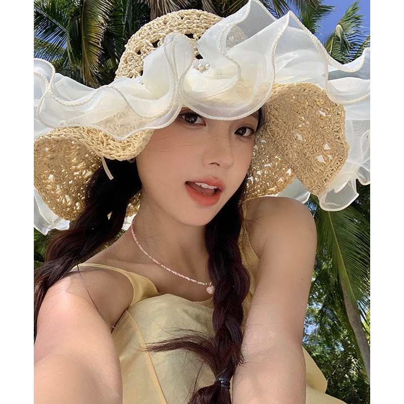 2025 Summer New Nail Bead Organza Large Brimmed Sun Hat